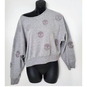 Gray Skull Print Off-Shoulder Sweatshirt Oversized Slouchy Pullover Edgy Size M